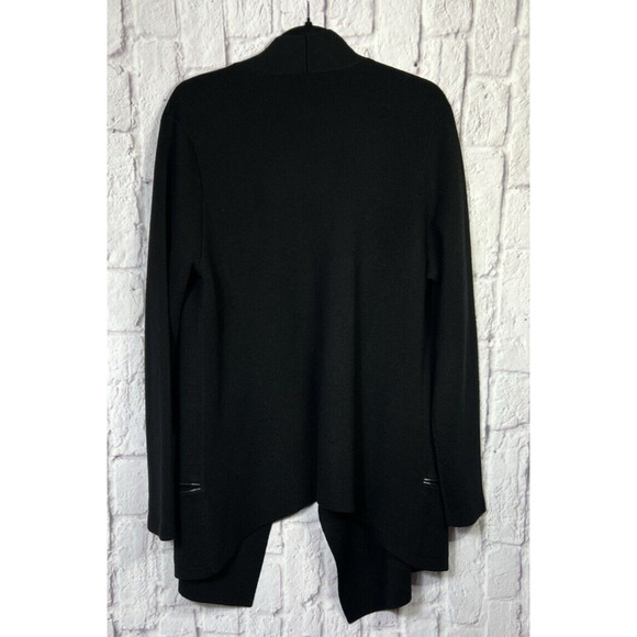 Eileen Fisher Minimalist MERINO Wool Open-Front Cardigan Pockets Leather Trim L - Picture 2 of 7